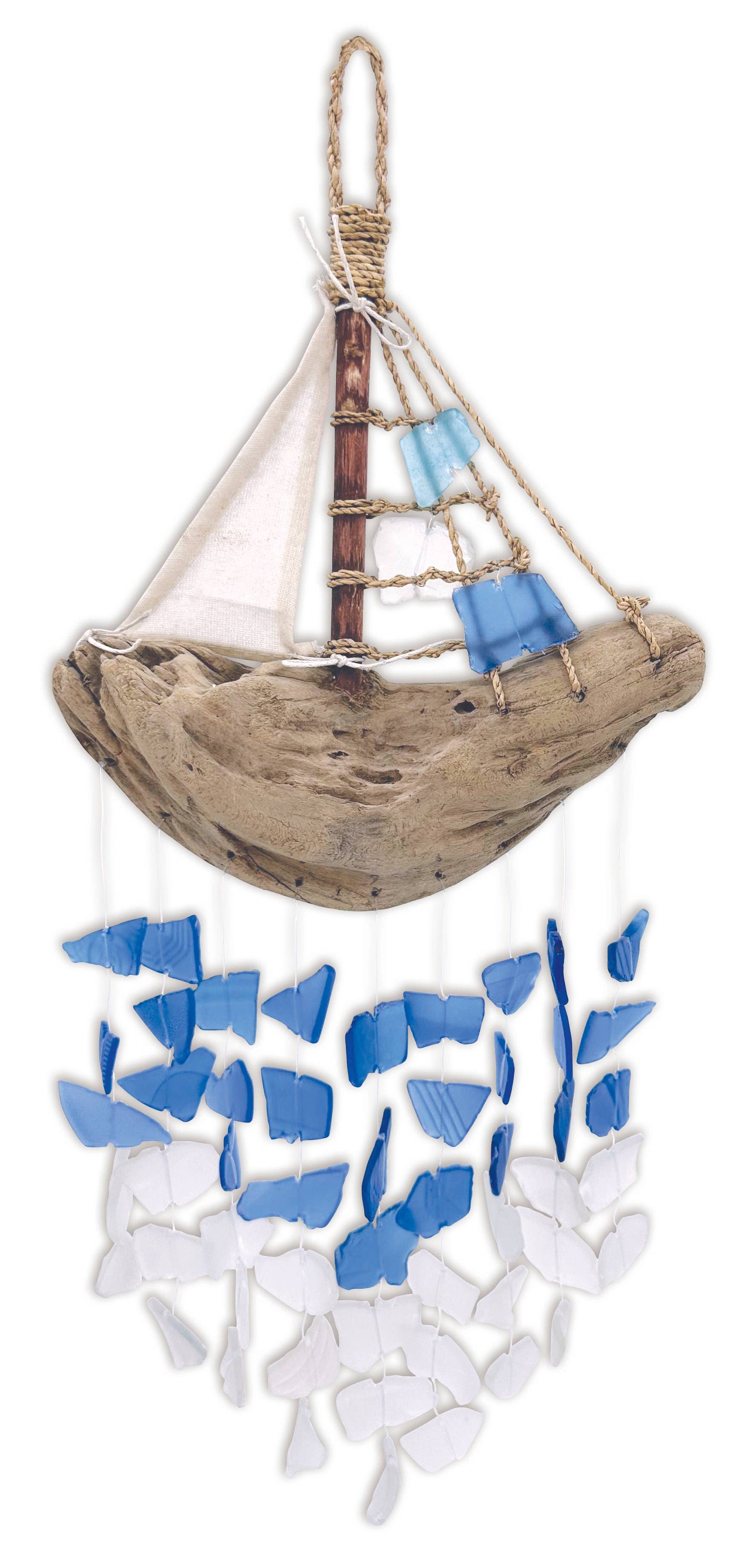 18" Bali Driftwood Boat Glass Wind Chime Decor - 71329