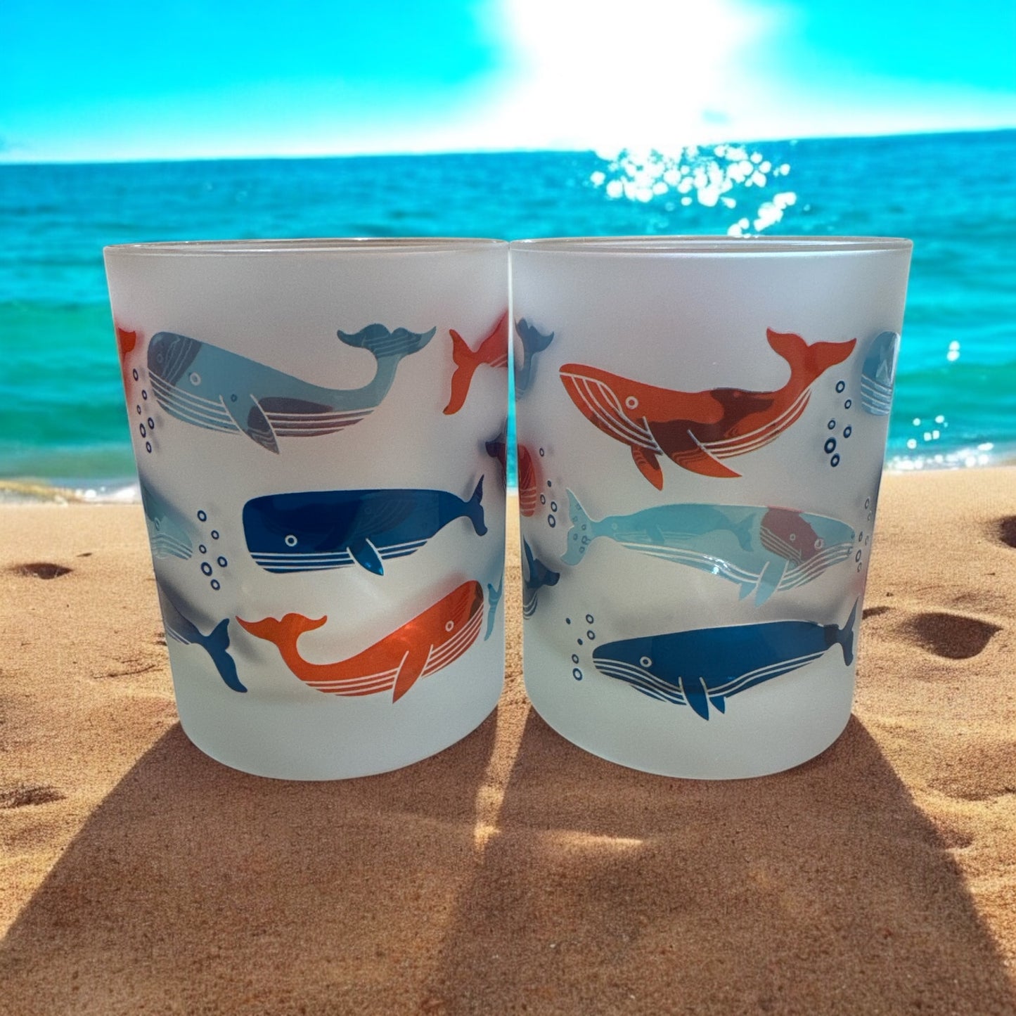 Red & Blue Frosted Low Ball Drinking Glasses