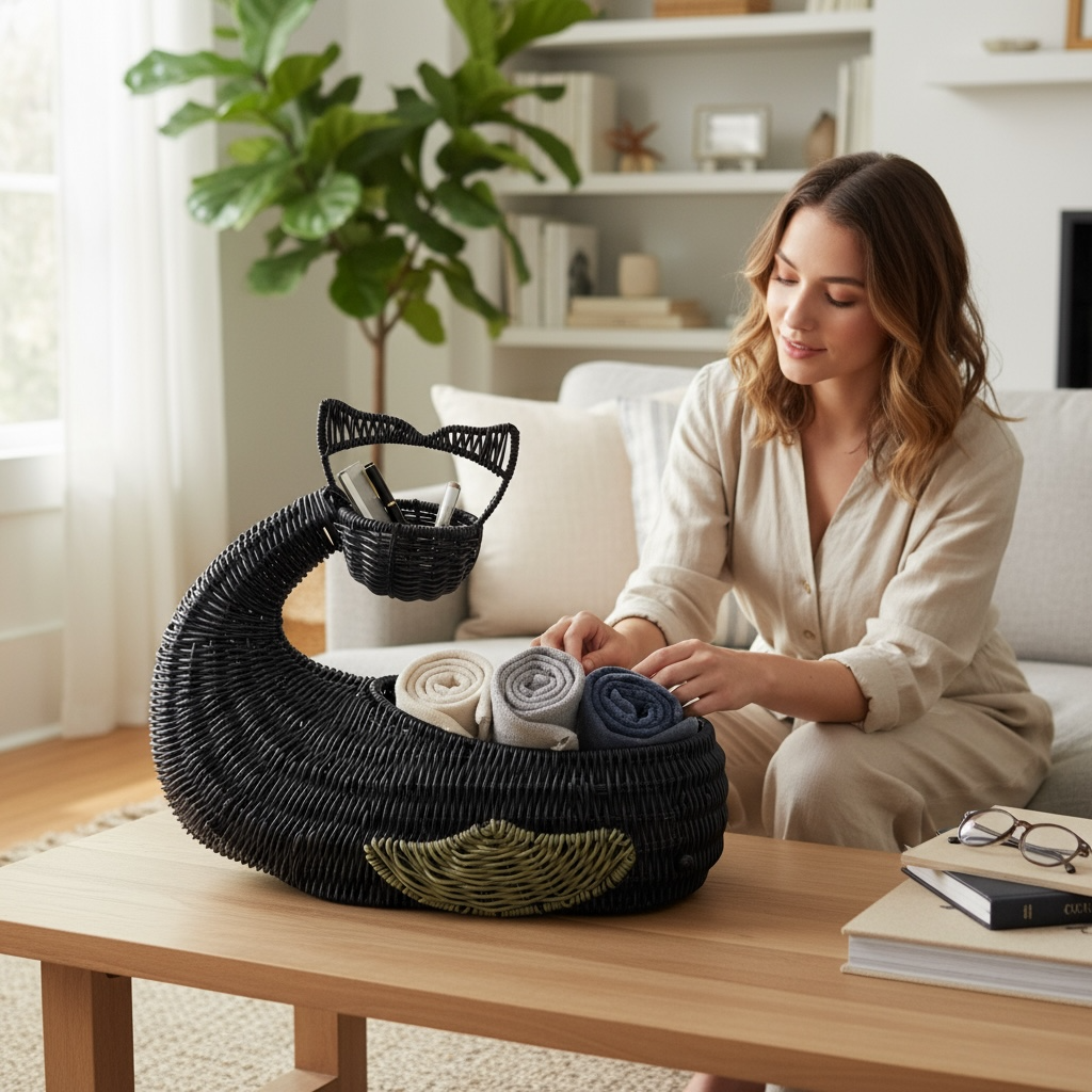 Blue Wicker Whale Serving Basket