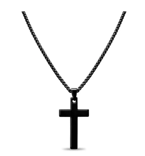 18K Small  Black SS Cross With Rounded Box Chain / SBB0291