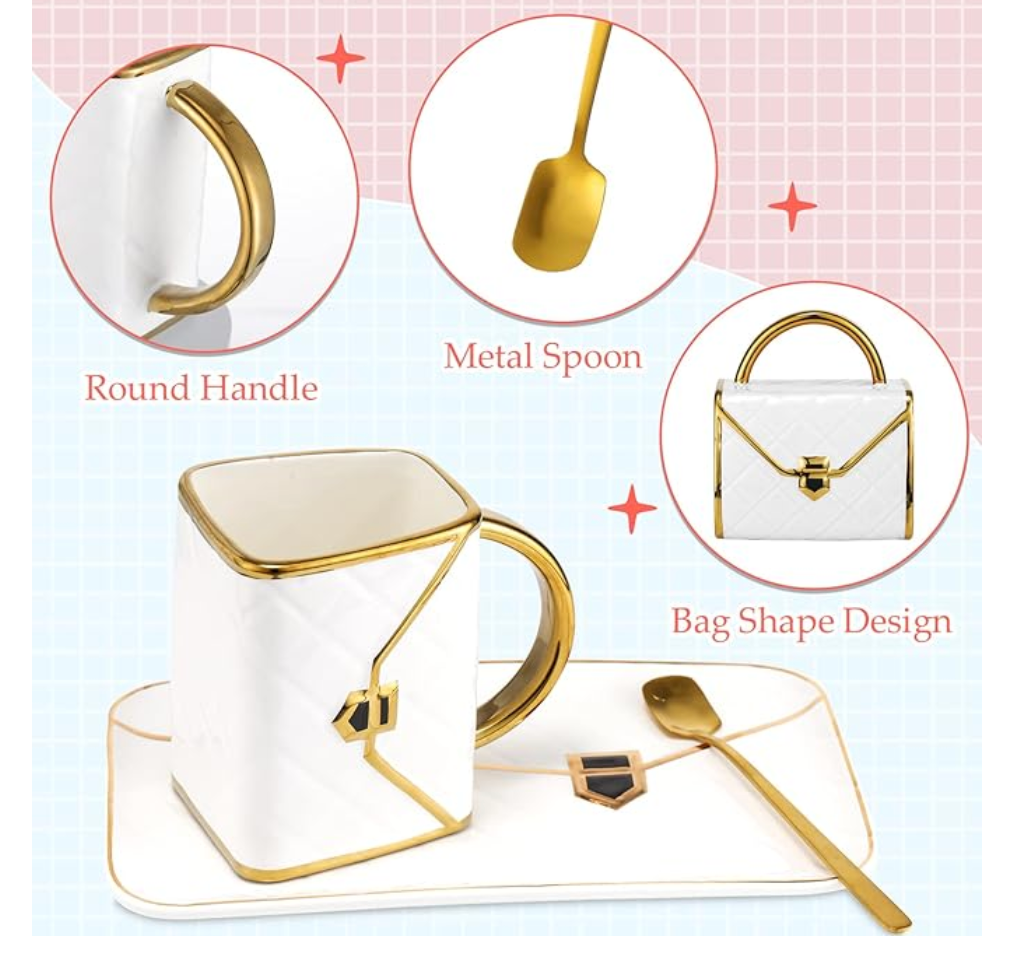 Coffee Mug Handbag Shaped Ceramic Tea Cup with Saucer & Spoon
