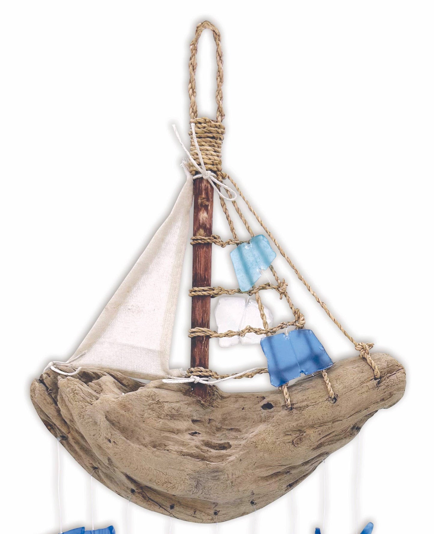 18" Bali Driftwood Boat Glass Wind Chime Decor - 71329