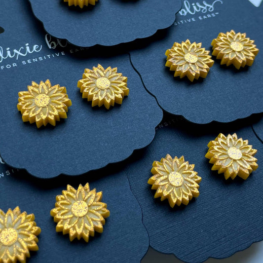 Sunflower Stud Earrings in Vintage Gold Glitter