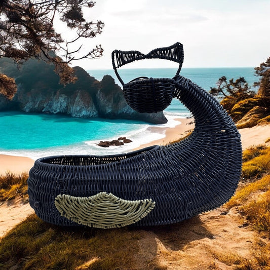 Blue Wicker Whale Serving Basket