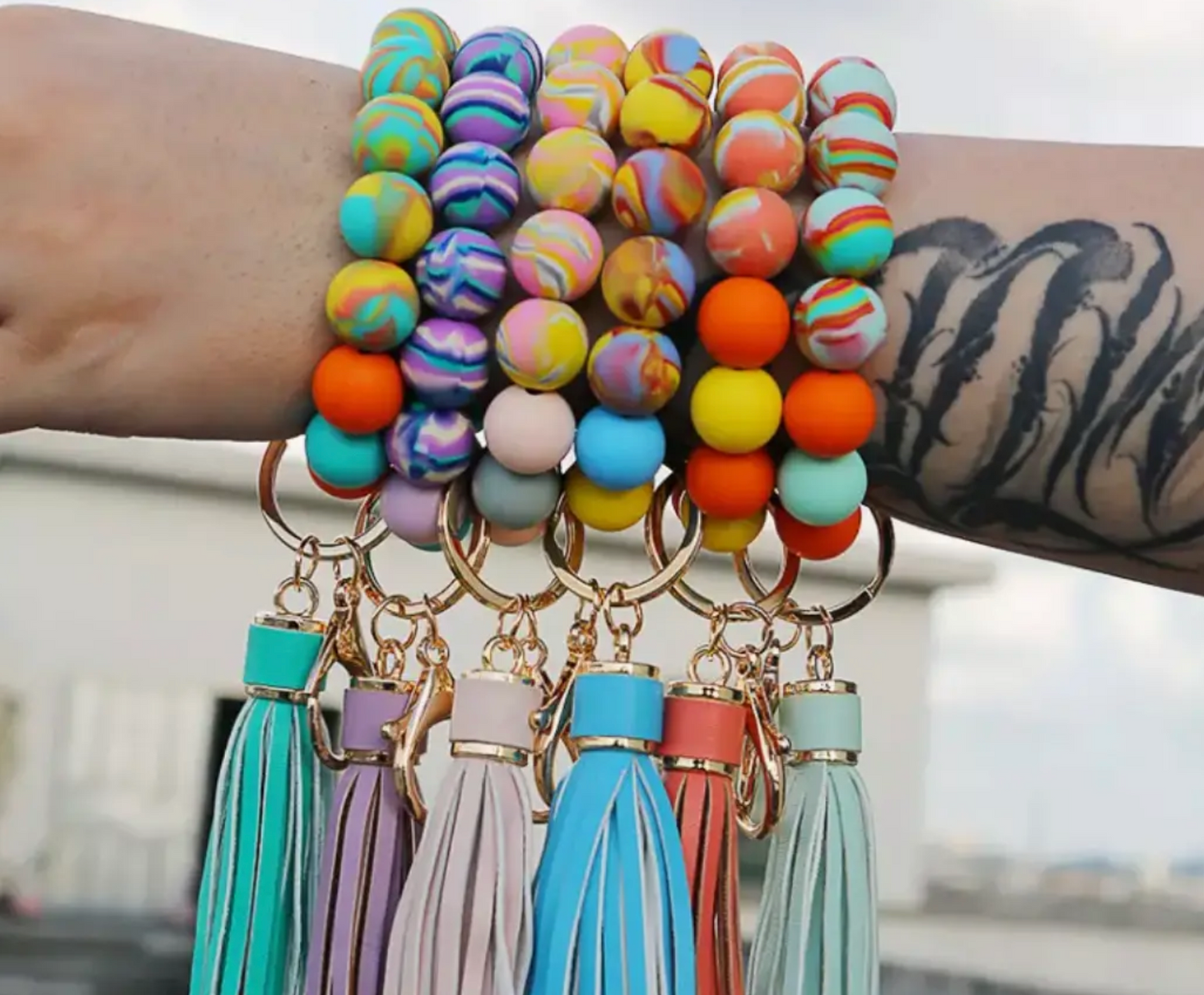 Tie Dye Silicone Bead Tassel Keychains