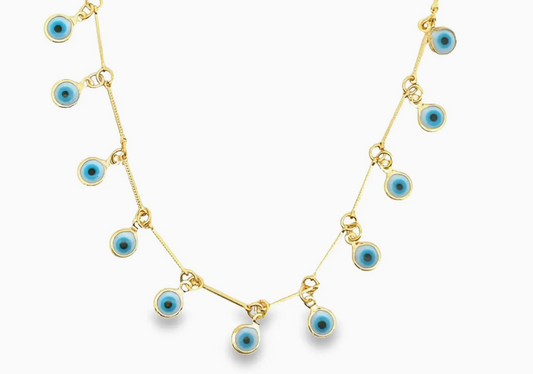 18K Gold Filled Evil Eye Necklace  - White | Protection Charm 16.5" Necklace (F267A)