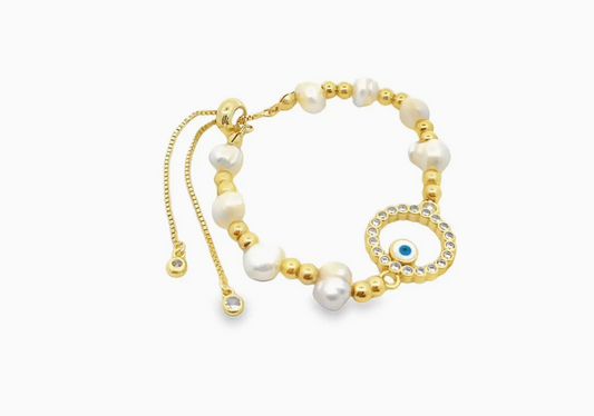 Evil Eye Hollow Circle Shape Fresh Water Pearl Adjustable Beaded Protection Bracelet (I601)