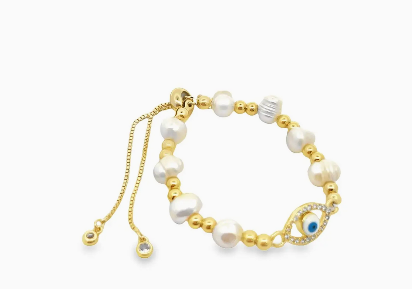 Evil Eye Shaped Fresh Water Pearl Adjustable Beaded Protection Bracelet (I43A)