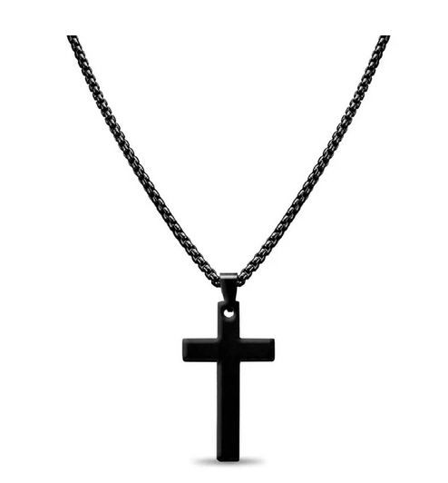 18K PVD Coated Stainless Steel Cross Pendant With Rounded Box Chain / SBB0291 Black / 30mm