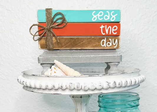 Nautical Home Decor - Stacked Books (Mint/Coral/Stained)