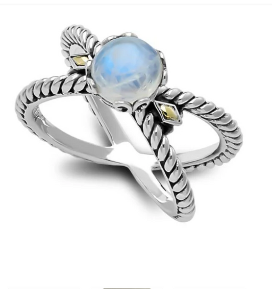 SBJ - Glow "X" Ring- Rainbow Moonstone (original) Size 7